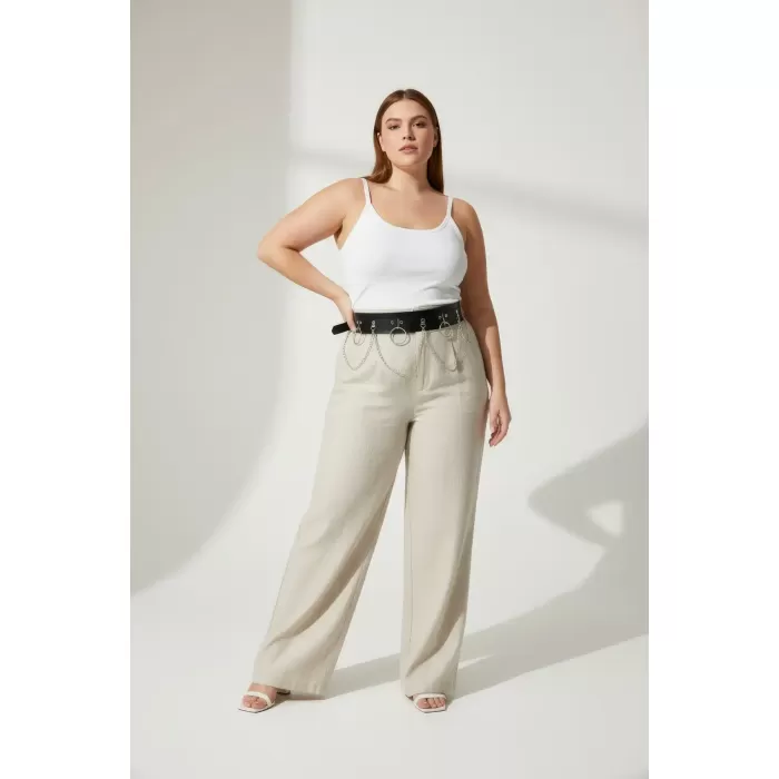 Büyük Beden Siyah Kadın Kemer Zincir ve Halka Detaylı Deri Görünümlü - APFT639