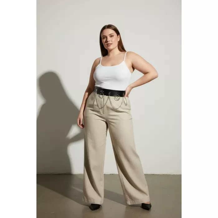 Büyük Beden Siyah Kadın Kemer Zincir ve Halka Detaylı Deri Görünümlü - APFT639