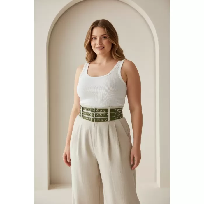 Büyük Beden Haki Kadın Kalın Kemer Çift Sıra Kuş Gözü Detaylı - APFT641