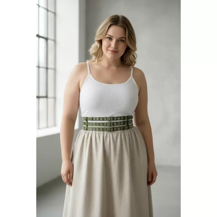 Büyük Beden Haki Kadın Kalın Kemer Çift Sıra Kuş Gözü Detaylı - APFT641