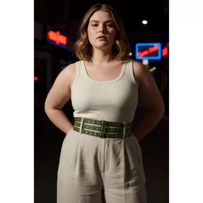 Büyük Beden Haki Kadın Kalın Kemer Çift Sıra Kuş Gözü Detaylı - APFT641