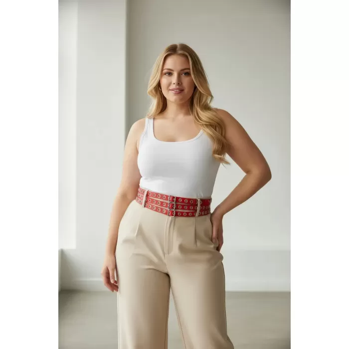 Büyük Beden Kırmızı Kadın Kemer Kalın Çoklu Tokalı Deri Bel Aksesuarı - APFT641