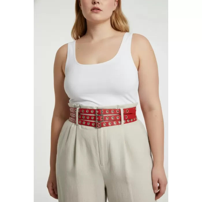 Büyük Beden Kırmızı Kadın Kemer Kalın Çoklu Tokalı Deri Bel Aksesuarı - APFT641