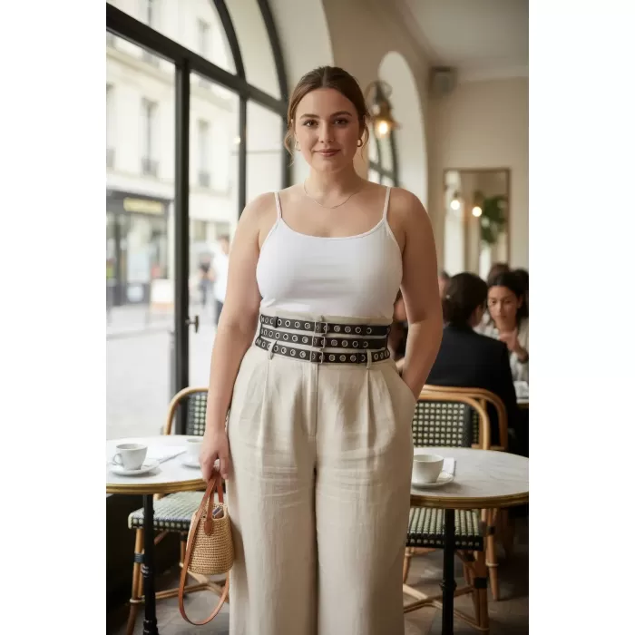 Büyük Beden Siyah Kadın Kemer Kalın Korse Stil Zımba Detaylı - APFT641