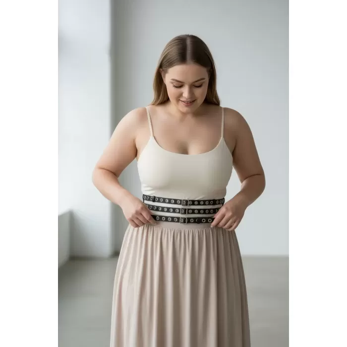 Büyük Beden Siyah Kadın Kemer Kalın Korse Stil Zımba Detaylı - APFT641