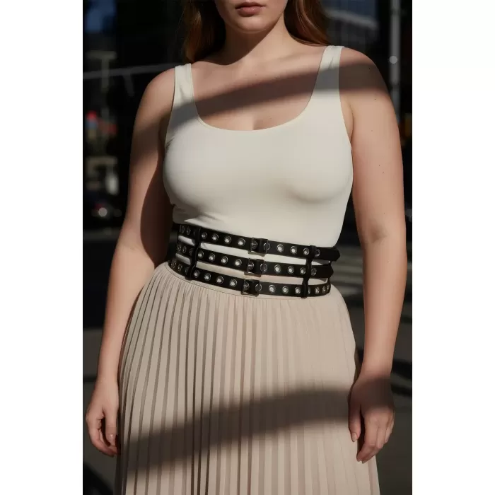 Büyük Beden Siyah Kadın Kemer Kalın Korse Stil Zımba Detaylı - APFT641