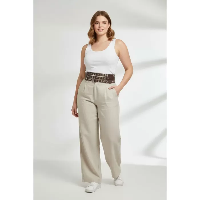 Büyük Beden Koyu Kahve Kadın Geniş Kemer Üç Sıra Metal Halkalı - APFT641