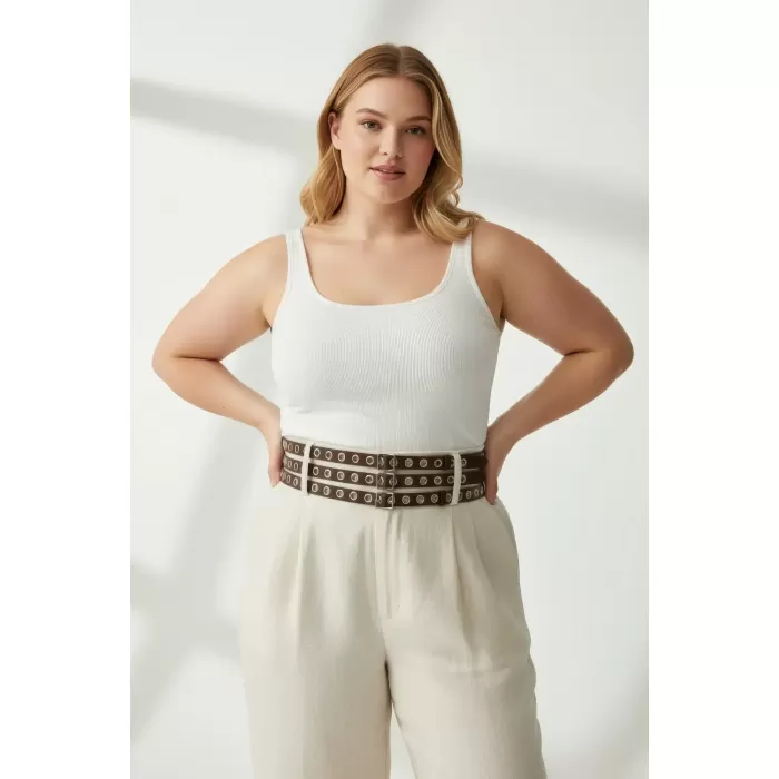 Büyük Beden Koyu Kahve Kadın Geniş Kemer Üç Sıra Metal Halkalı - APFT641