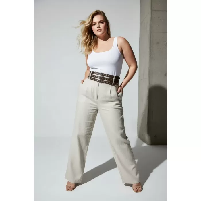 Büyük Beden Koyu Kahve Kadın Geniş Kemer Üç Sıra Metal Halkalı - APFT641