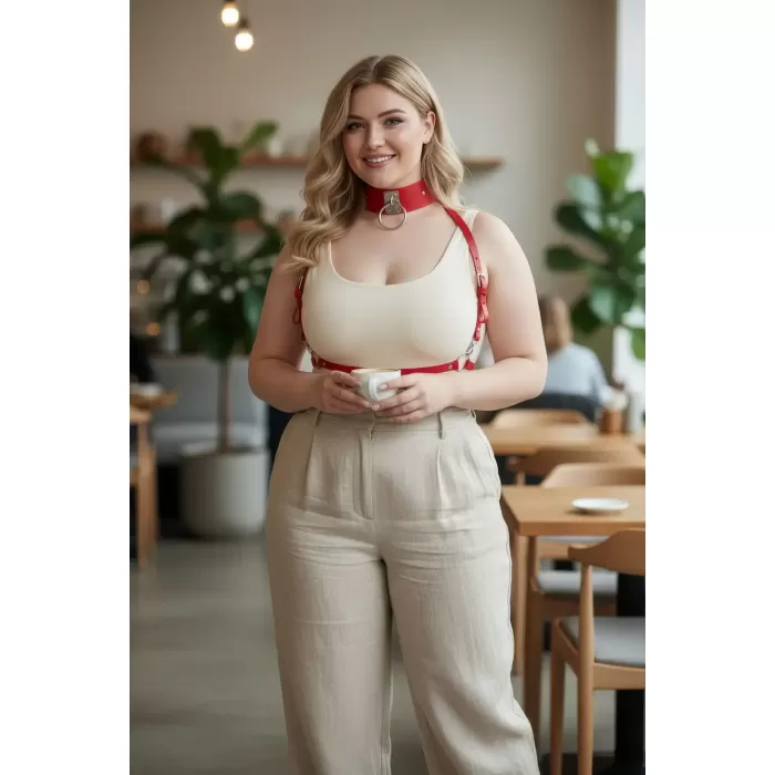 Büyük Beden Kırmızı Kadın Kemer Metal Halka Detaylı Deri Harness - APFT644