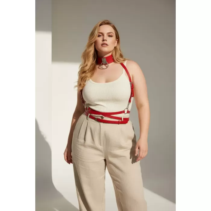 Büyük Beden Kırmızı Kadın Kemer Metal Halka Detaylı Deri Harness - APFT644