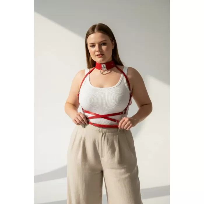 Büyük Beden Kırmızı Kadın Kemer Metal Halka Detaylı Deri Harness - APFT644