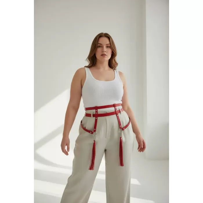 Büyük Beden Kırmızı Kadın Kemer Püskül Detaylı Deri Jartiyer Aksesuarı - APFT645