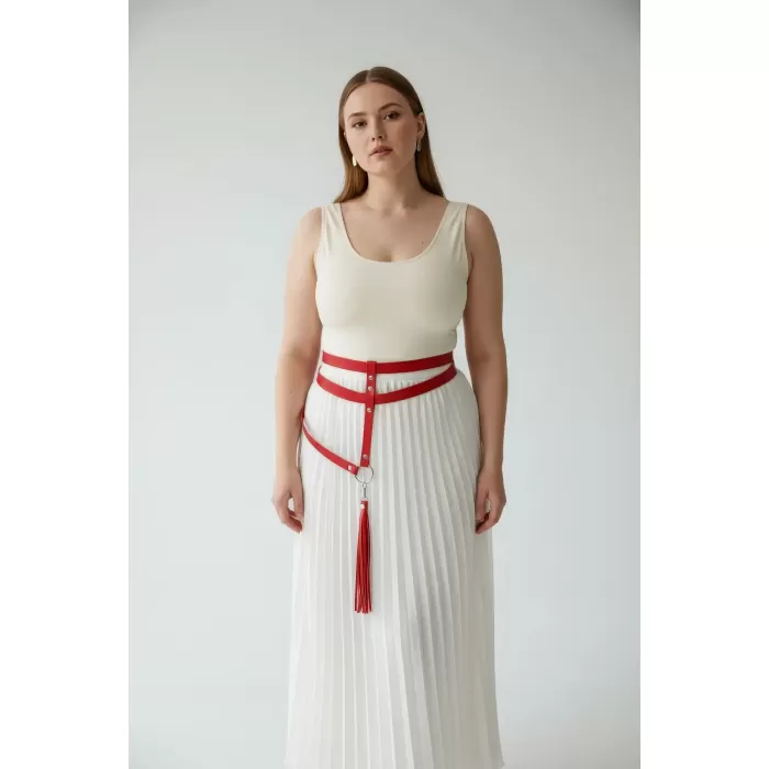 Büyük Beden Kırmızı Kadın Kemer Püskül Detaylı Deri Jartiyer Aksesuarı - APFT645