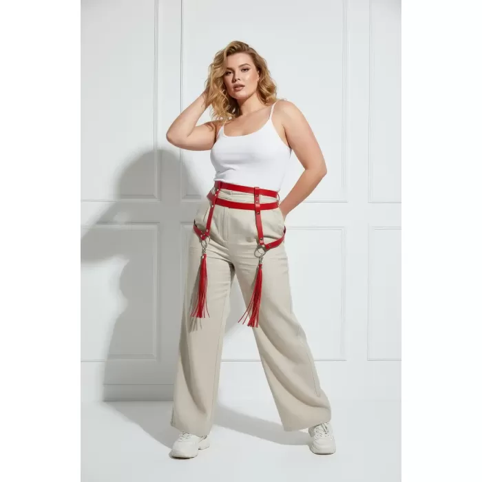 Büyük Beden Kırmızı Kadın Kemer Püskül Detaylı Deri Jartiyer Aksesuarı - APFT645