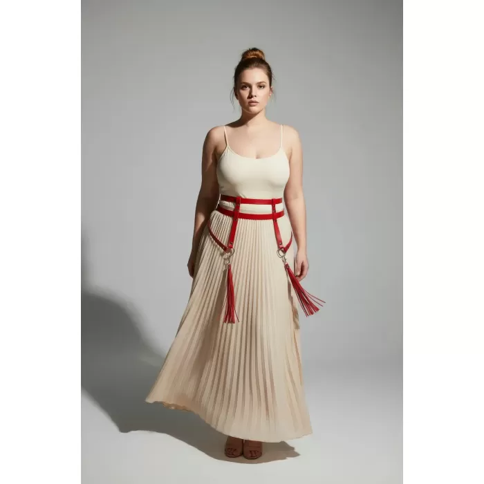 Büyük Beden Kırmızı Kadın Kemer Püskül Detaylı Deri Jartiyer Aksesuarı - APFT645