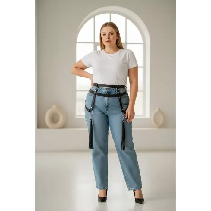 Büyük Beden Siyah Kadın Kemer Jartiyer Tarzı Püskül Detaylı Vücut Aksesuarı - APFT645