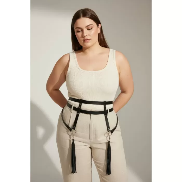 Büyük Beden Siyah Kadın Kemer Jartiyer Tarzı Püskül Detaylı Vücut Aksesuarı - APFT645