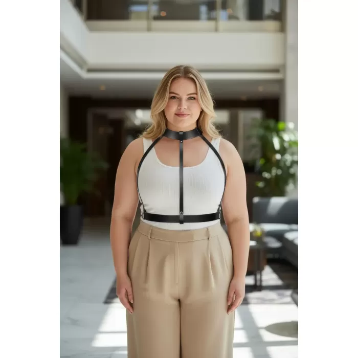 Büyük Beden Siyah Kadın Kemer Ayarlanabilir Deri Vücut Harness Aksesuarı - APFT653