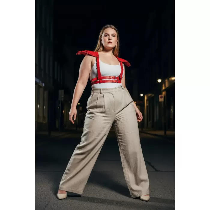 Büyük Beden Kırmızı Kadın Deri Kemer Omuz Detaylı Harness Vücut Aksesuarı - APFT717