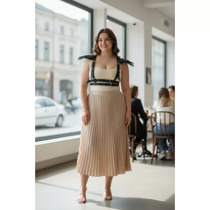 Büyük Beden Siyah Kadın Kemer Omuz Detaylı Deri Vücut Aksesuarı - APFT717