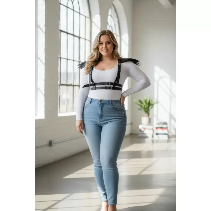 Büyük Beden Siyah Kadın Kemer Omuz Detaylı Deri Vücut Aksesuarı - APFT717