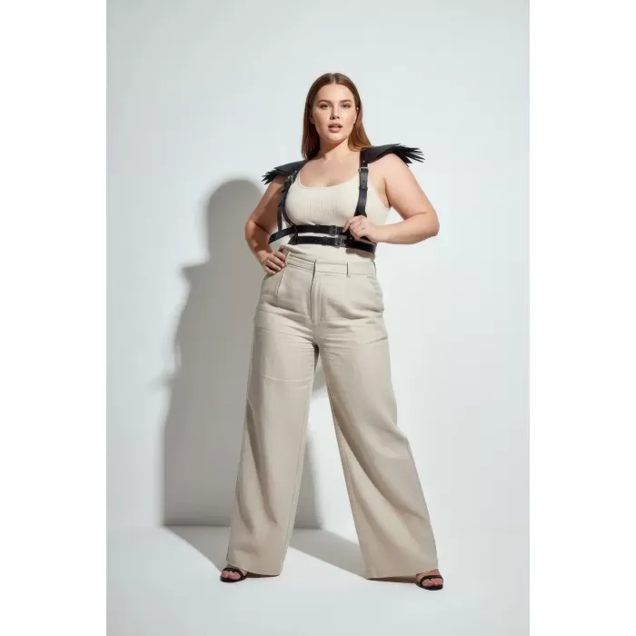 Büyük Beden Siyah Kadın Kemer Omuz Detaylı Deri Vücut Aksesuarı - APFT717