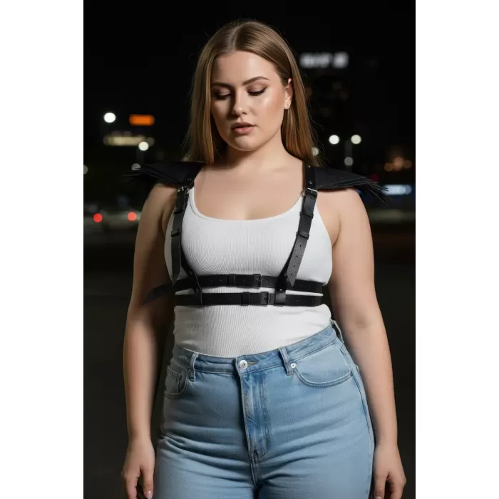 Büyük Beden Siyah Kadın Kemer Omuz Detaylı Deri Vücut Aksesuarı - APFT717