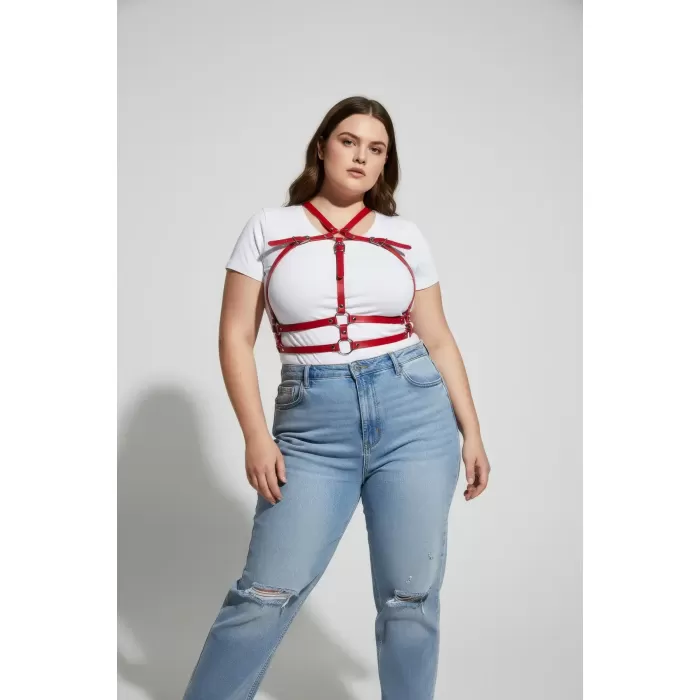 Büyük Beden Kırmızı Kadın Kemer Korse Detaylı Deri Vücut Aksesuarı - APFT728