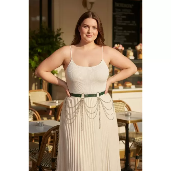 Büyük Beden Yeşil Kadın Kemer Çok Katmanlı Zincir Detaylı - APFT729