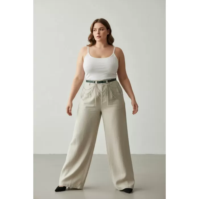 Büyük Beden Yeşil Kadın Kemer Çok Katmanlı Zincir Detaylı - APFT729