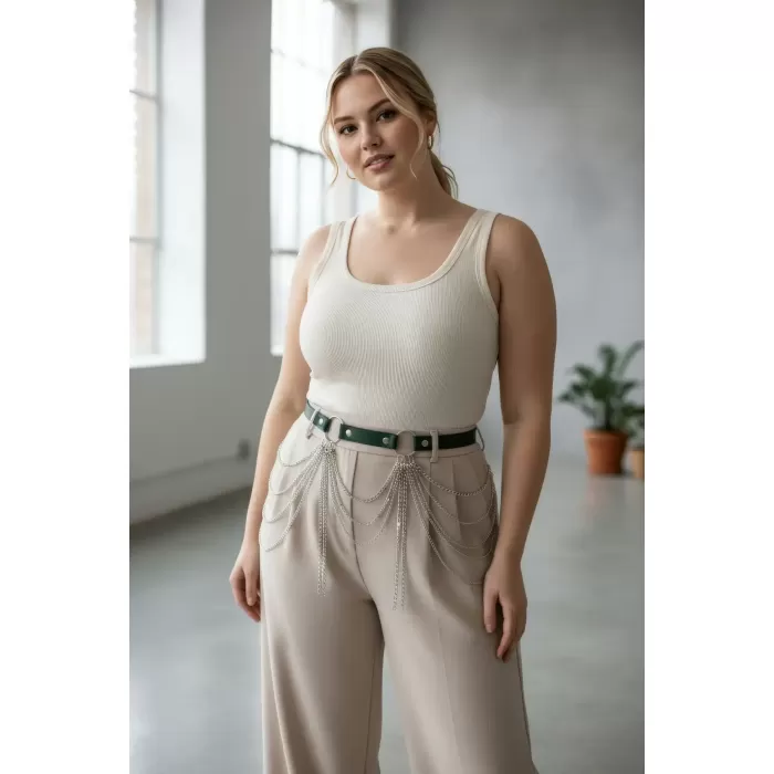 Büyük Beden Yeşil Kadın Kemer Çok Katmanlı Zincir Detaylı - APFT729