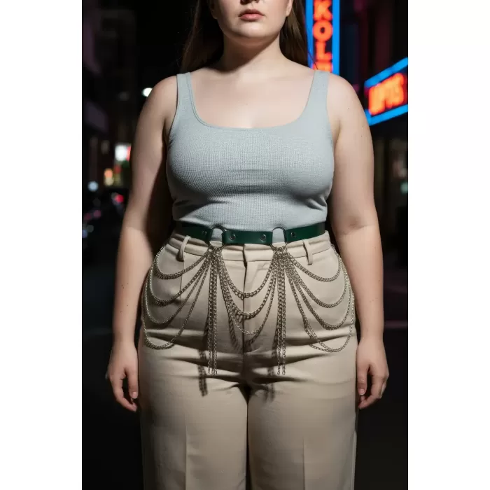 Büyük Beden Yeşil Kadın Kemer Çok Katmanlı Zincir Detaylı - APFT729