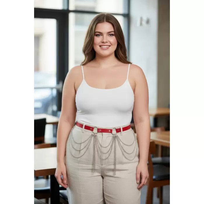 Büyük Beden Kırmızı Kadın Deri Kemer Zincir Detaylı Kombin Aksesuarı - APFT729