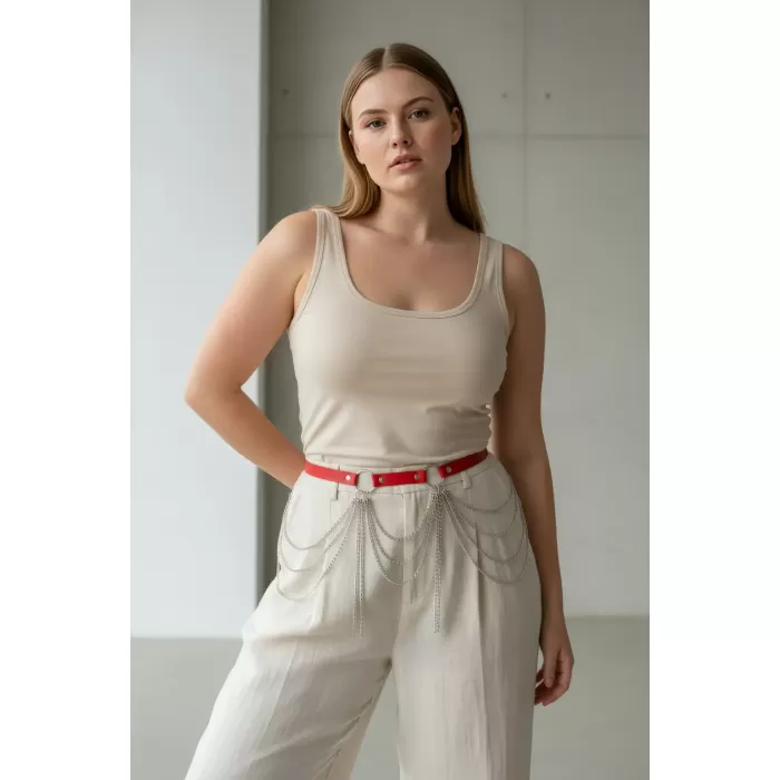 Büyük Beden Kırmızı Kadın Deri Kemer Zincir Detaylı Kombin Aksesuarı - APFT729