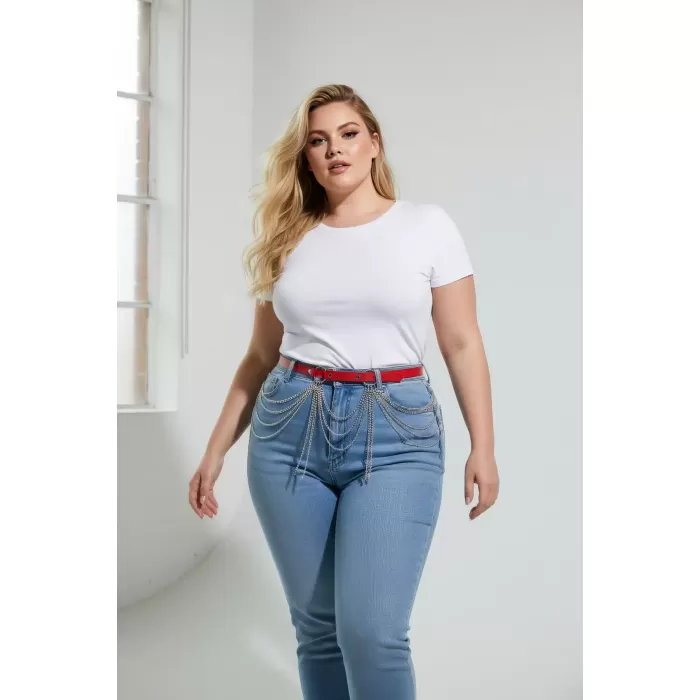 Büyük Beden Kırmızı Kadın Deri Kemer Zincir Detaylı Kombin Aksesuarı - APFT729