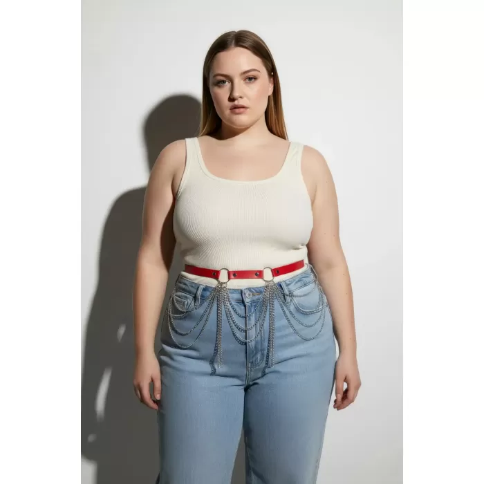 Büyük Beden Kırmızı Kadın Deri Kemer Zincir Detaylı Kombin Aksesuarı - APFT729