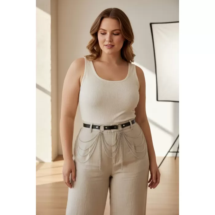 Büyük Beden Siyah Kadın Kemer Katmanlı Zincir Detaylı Kombin Tamamlayıcı - APFT729