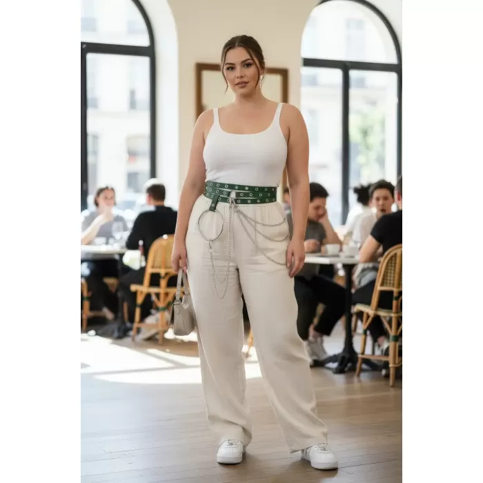 Büyük Beden Yeşil Kadın Kemer Zincir Detaylı Kalın Model - APFT731