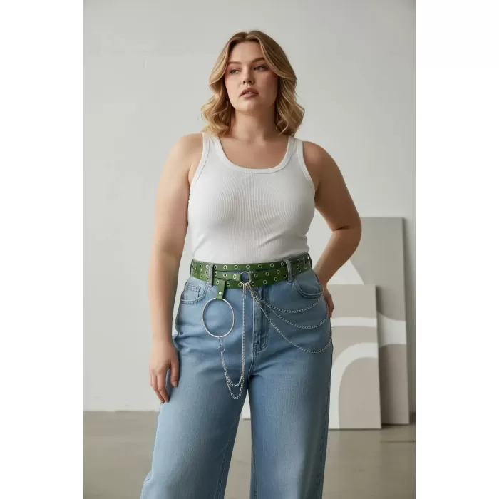 Büyük Beden Yeşil Kadın Kemer Zincir Detaylı Kalın Model - APFT731