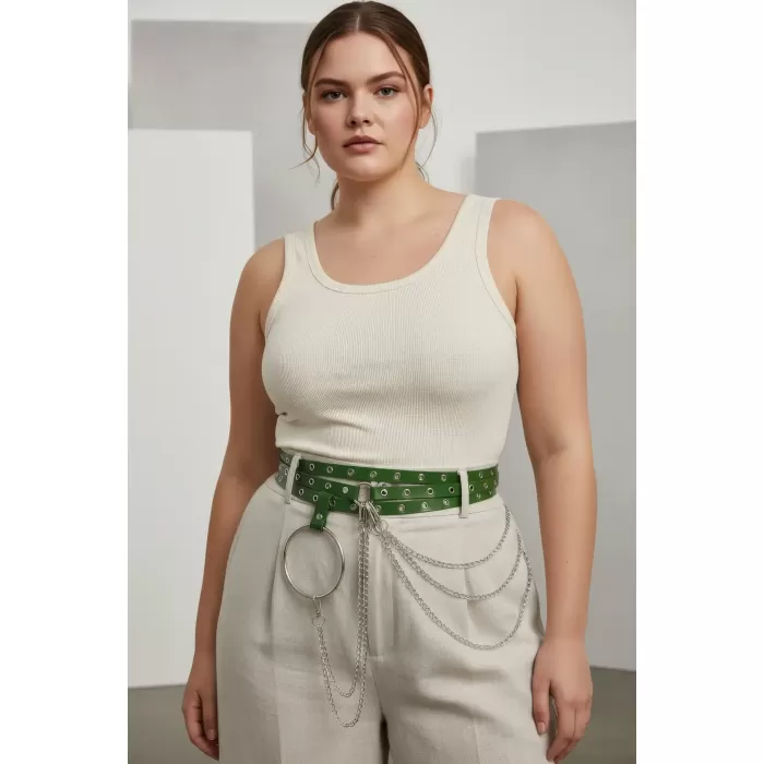 Büyük Beden Yeşil Kadın Kemer Zincir Detaylı Kalın Model - APFT731