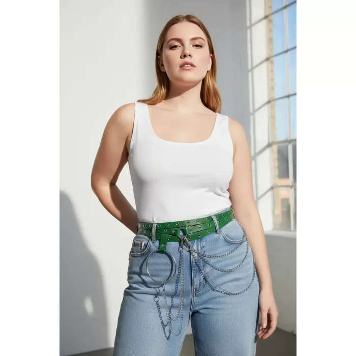 Büyük Beden Yeşil Kadın Kemer Zincir Detaylı Kalın Model - APFT731