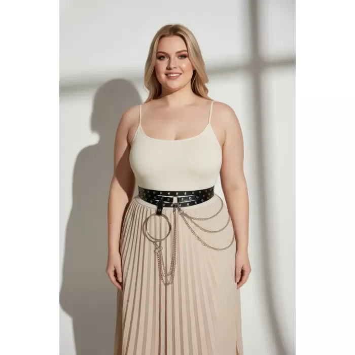 Büyük Beden Siyah Kadın Kemer Zincir ve Halka Detaylı Kombin Tamamlayıcı - APFT731