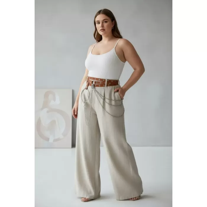 Büyük Beden Taba Kadın Kemer Zincir Detaylı Halkalı Trend Tasarım - APFT731