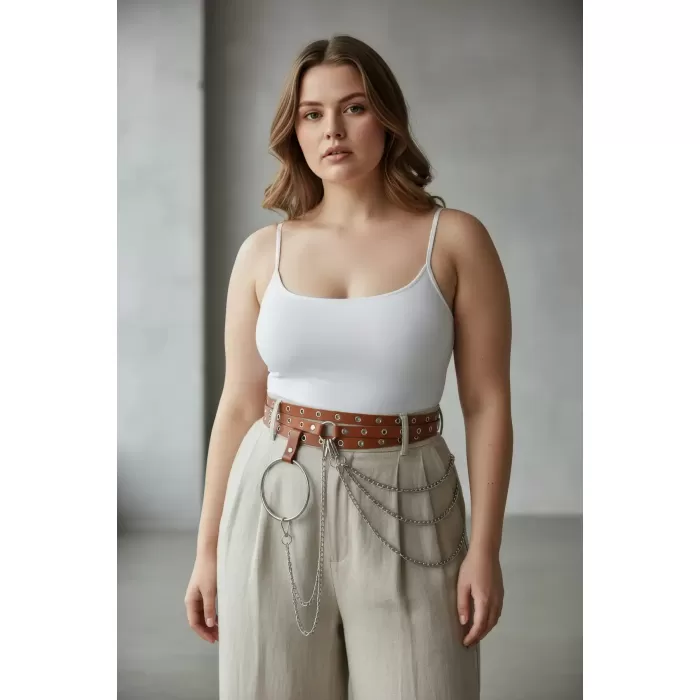 Büyük Beden Taba Kadın Kemer Zincir Detaylı Halkalı Trend Tasarım - APFT731