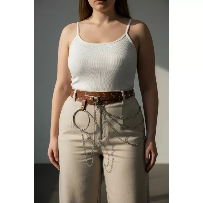 Büyük Beden Taba Kadın Kemer Zincir Detaylı Halkalı Trend Tasarım - APFT731