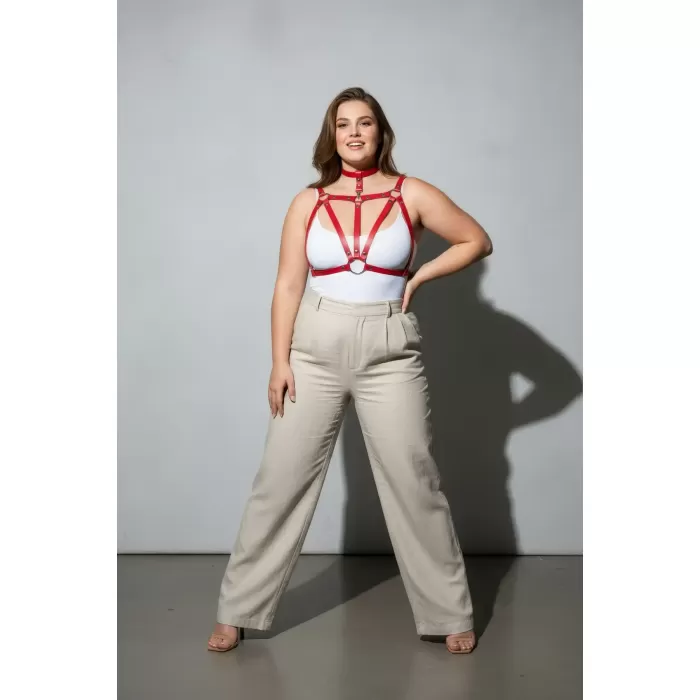 Büyük Beden Kırmızı Kadın Kemer Halka Detaylı Deri Harness Vücut Aksesuarı - APFT747