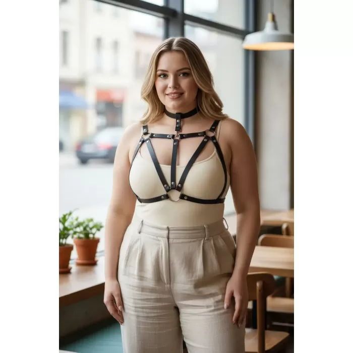 Büyük Beden Siyah Kadın Kemer Deri Vücut Aksesuarı Choker Detaylı - APFT747