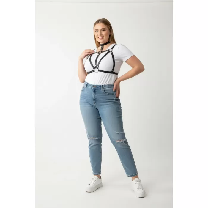 Büyük Beden Siyah Kadın Kemer Deri Vücut Aksesuarı Choker Detaylı - APFT747