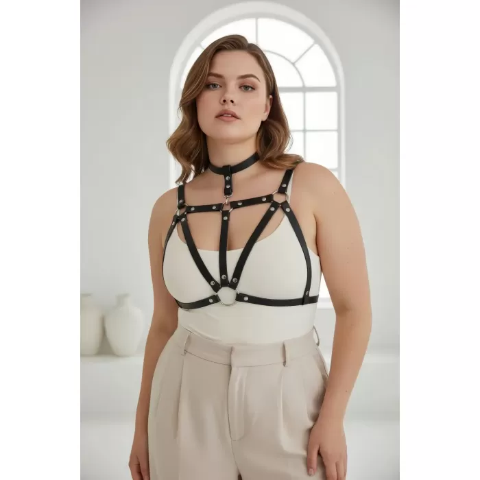 Büyük Beden Siyah Kadın Kemer Deri Vücut Aksesuarı Choker Detaylı - APFT747